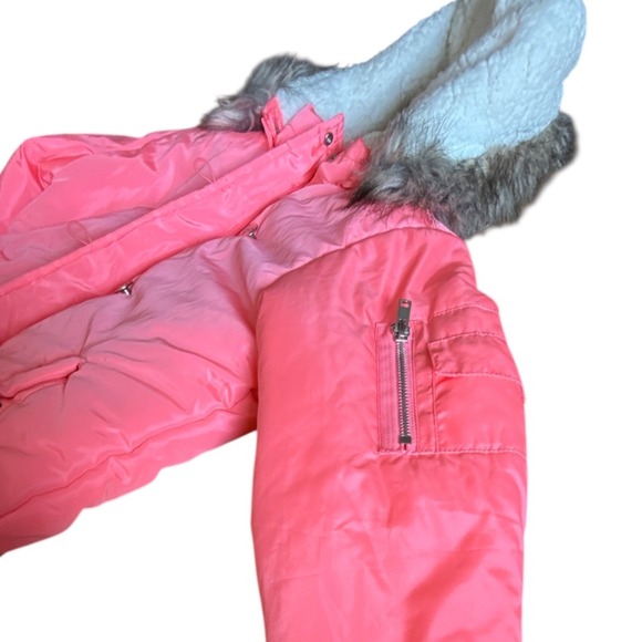 Girls Justice Bright Coral Faux Fur Hooded Sherpa Bomber Jacket Size 8/10 - Picture 6 of 8